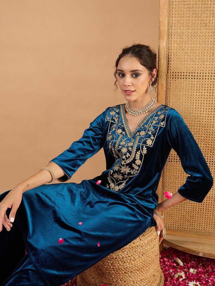 Teal Velvet Embroidered Straight Kurta With Straight Pants -Shae By SASSAFRAS