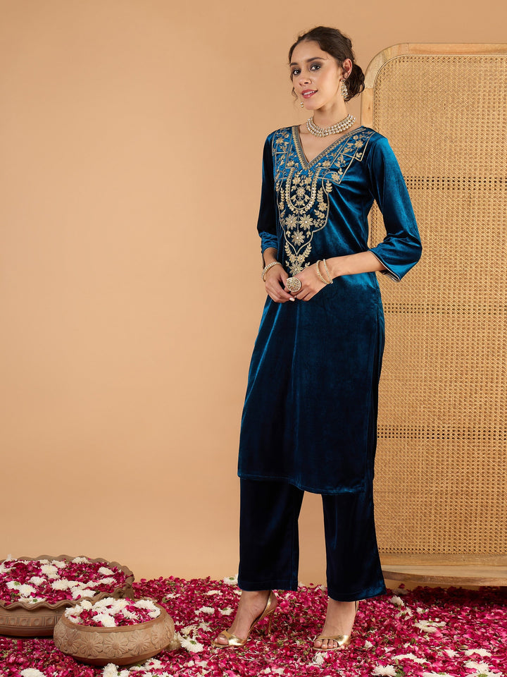 Teal Velvet Embroidered Straight Kurta With Straight Pants -Shae By SASSAFRAS