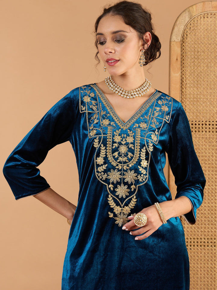 Teal Velvet Embroidered Straight Kurta With Straight Pants -Shae By SASSAFRAS