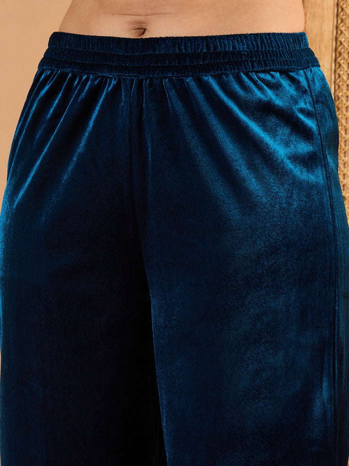 Teal Velvet Embroidered Straight Kurta With Straight Pants -Shae By SASSAFRAS