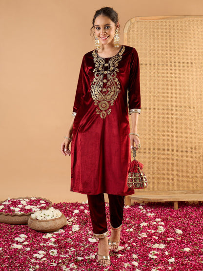 Women Maroon Velvet Embroidered Round Neck Kurta With Pencil Pants