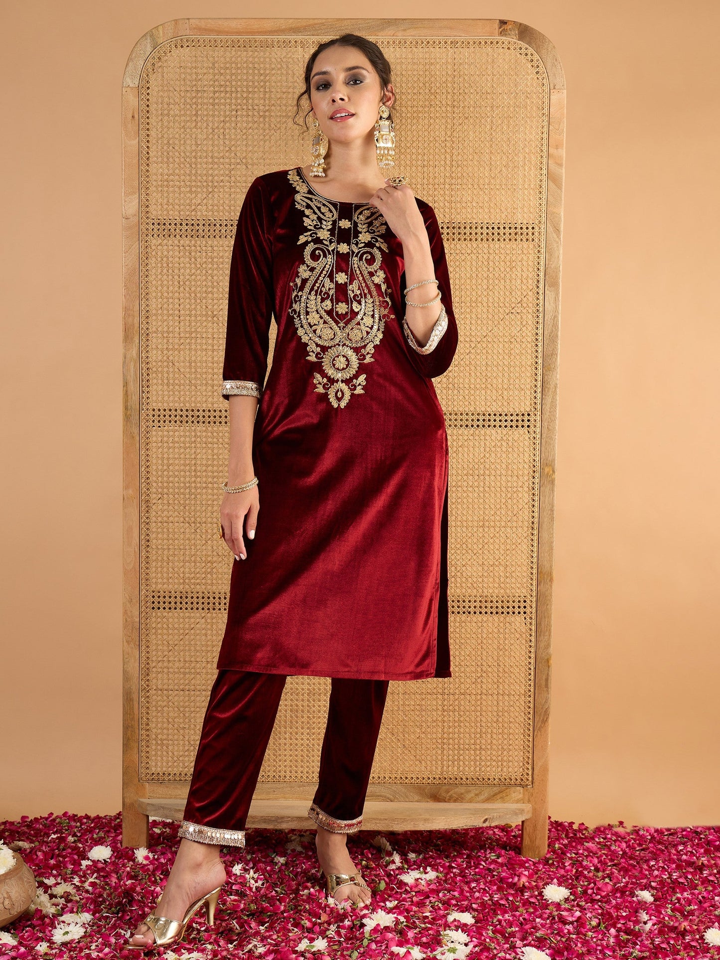 Women Maroon Velvet Embroidered Round Neck Kurta With Pencil Pants