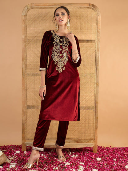 Women Maroon Velvet Embroidered Round Neck Kurta With Pencil Pants