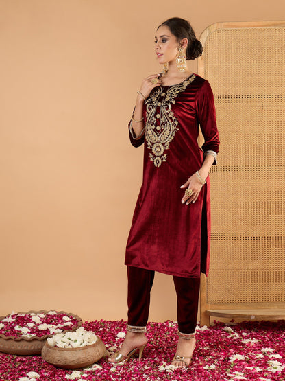 Women Maroon Velvet Embroidered Round Neck Kurta With Pencil Pants