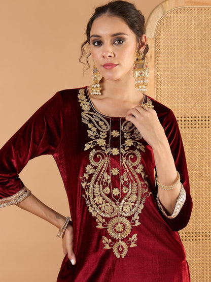 Women Maroon Velvet Embroidered Round Neck Kurta With Pencil Pants
