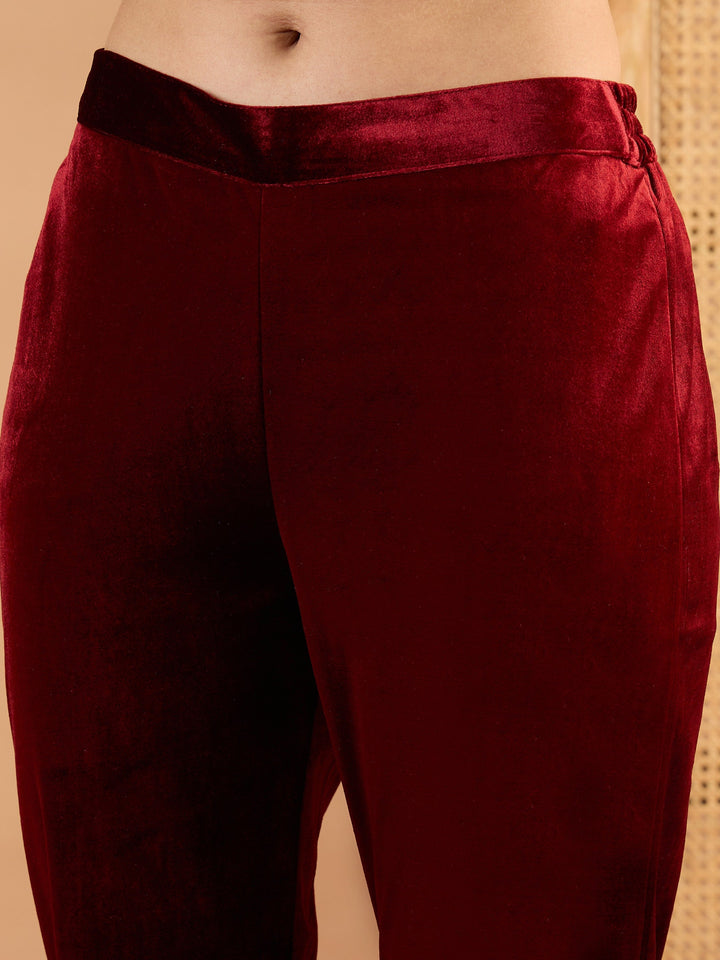 Women Maroon Velvet Embroidered Round Neck Kurta With Pencil Pants