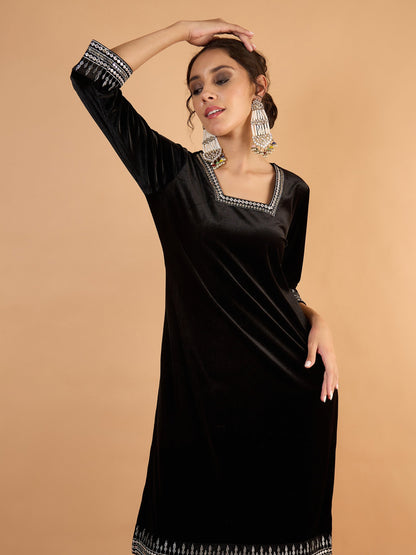 Women Black Velvet Embroidered Kurta With Tulip Pants