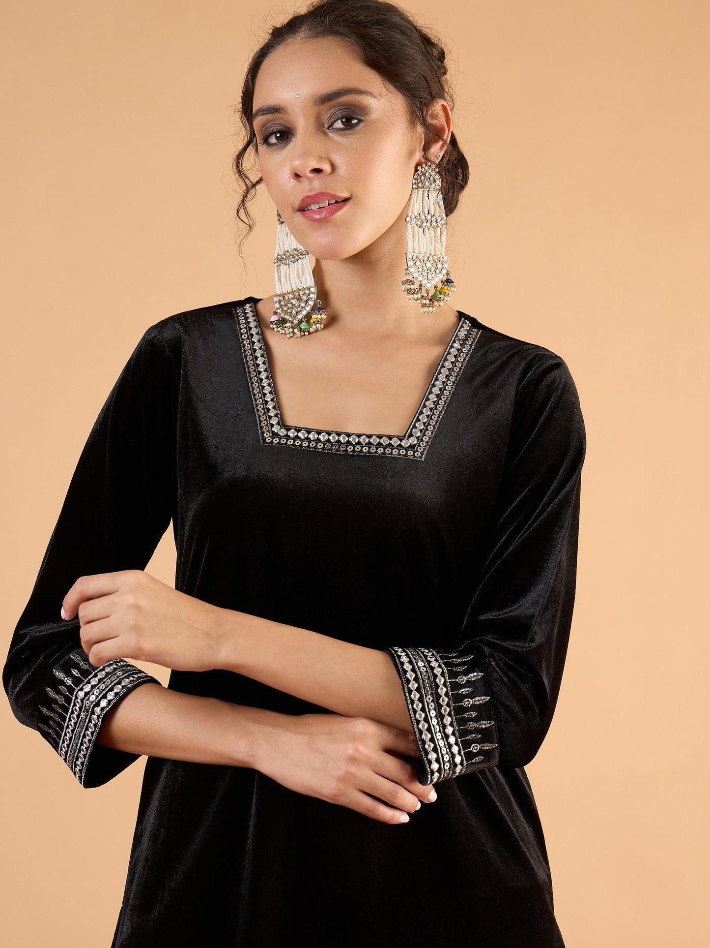 Women Black Velvet Embroidered Kurta With Tulip Pants