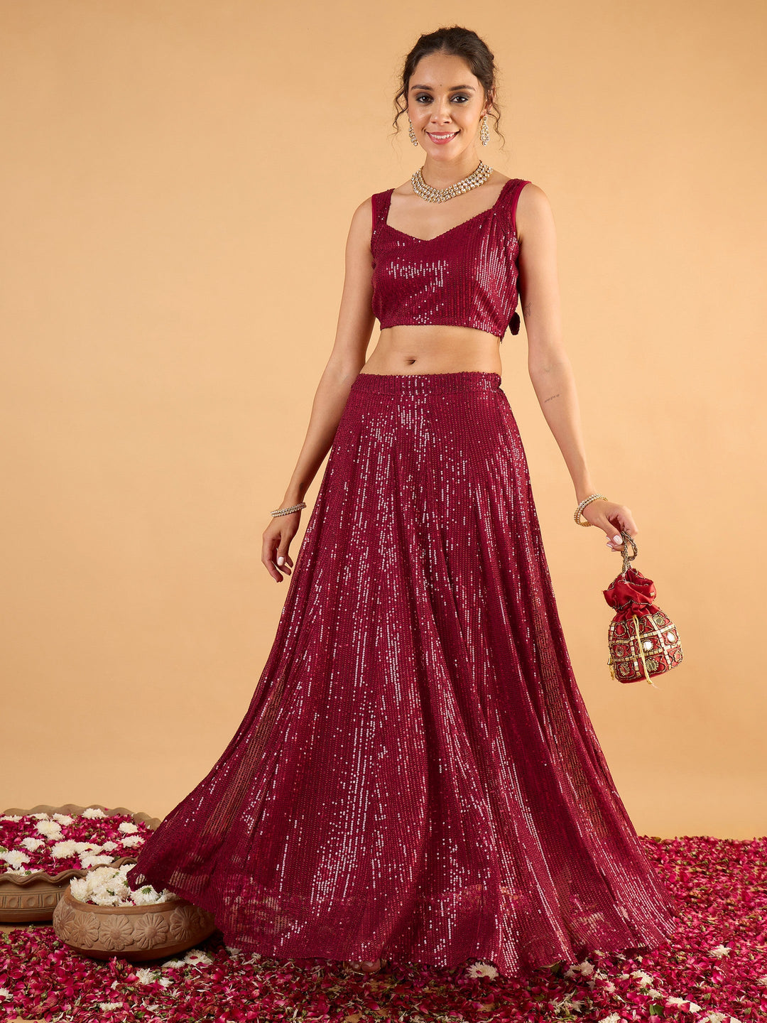 Women Maroon Sequence Sleeveless Crop Top With Anarkali Skirt