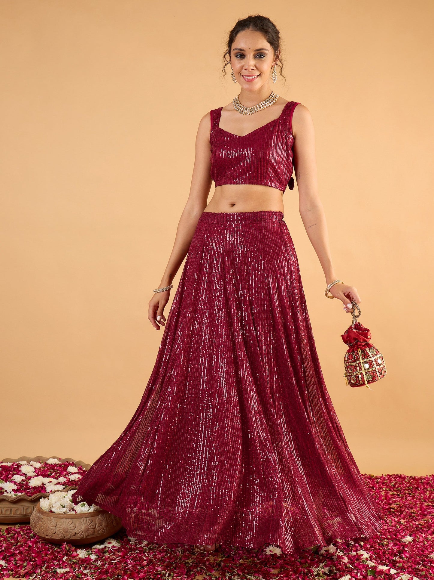 Women Maroon Sequence Sleeveless Crop Top With Anarkali Skirt