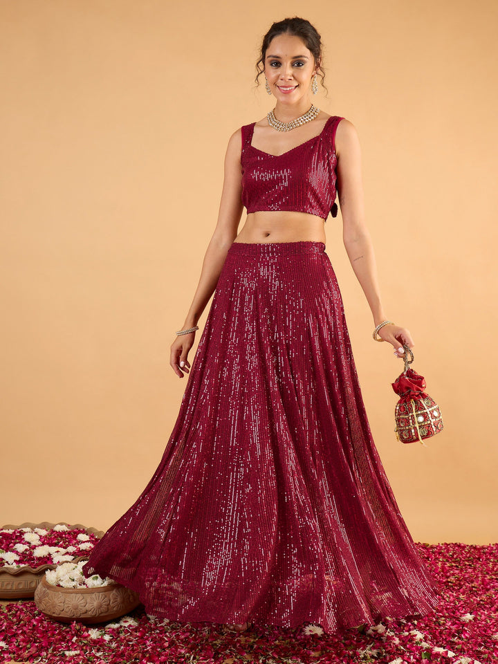 Women Maroon Sequence Sleeveless Crop Top With Anarkali Skirt