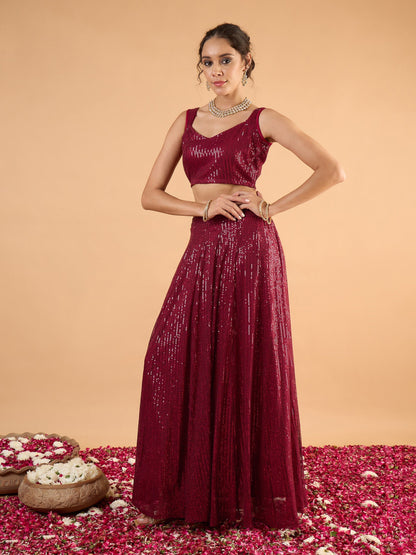 Women Maroon Sequence Sleeveless Crop Top With Anarkali Skirt