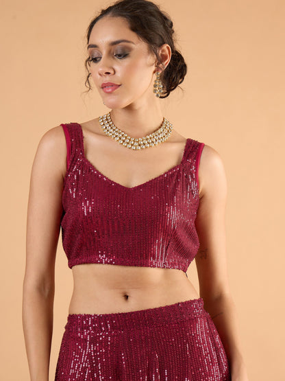 Women Maroon Sequence Sleeveless Crop Top With Anarkali Skirt