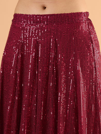 Women Maroon Sequence Sleeveless Crop Top With Anarkali Skirt