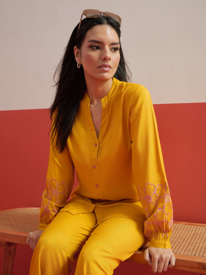 Women Yellow Sleeves Embroidered Shirt With Pants