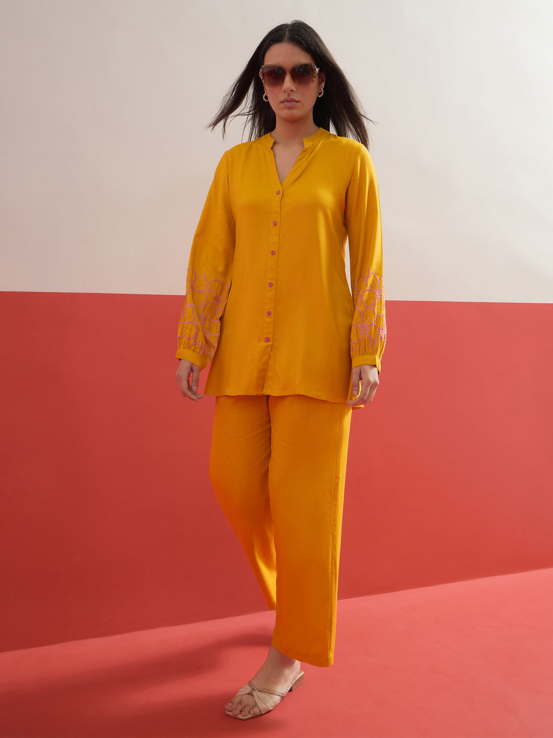 Women Yellow Sleeves Embroidered Shirt With Pants