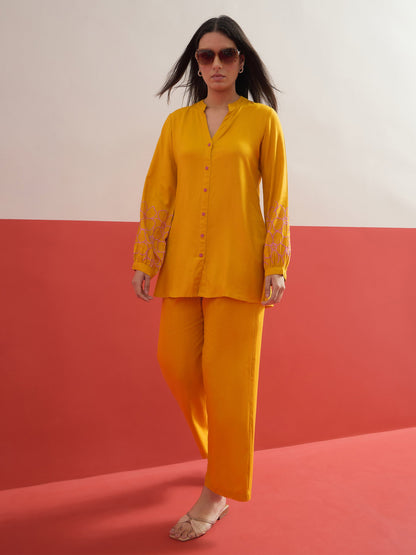 Women Yellow Sleeves Embroidered Shirt With Pants