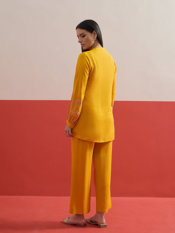 Women Yellow Sleeves Embroidered Shirt With Pants