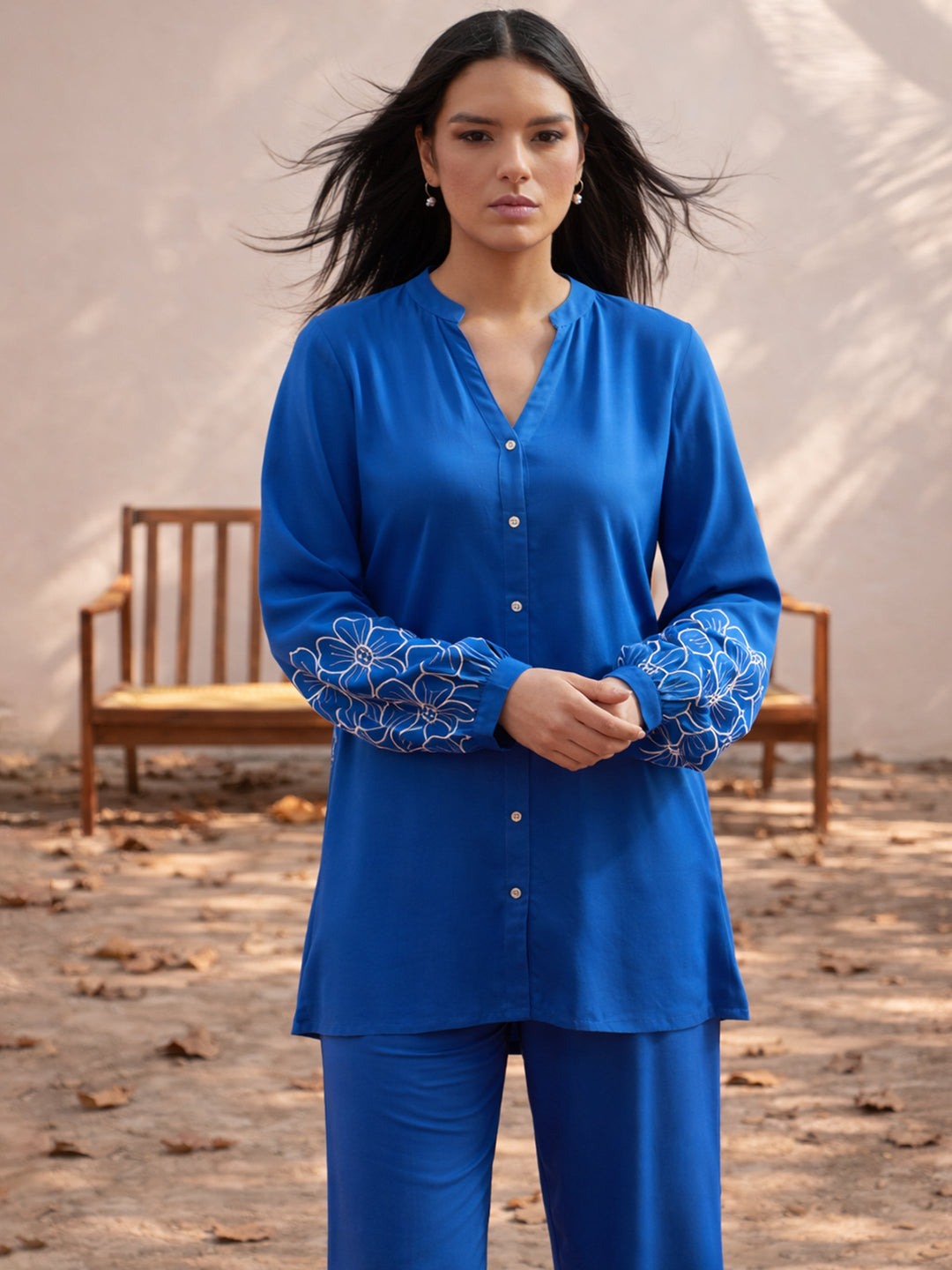 Women Cobalt Blue Sleeves Embroidered Shirt With Pants