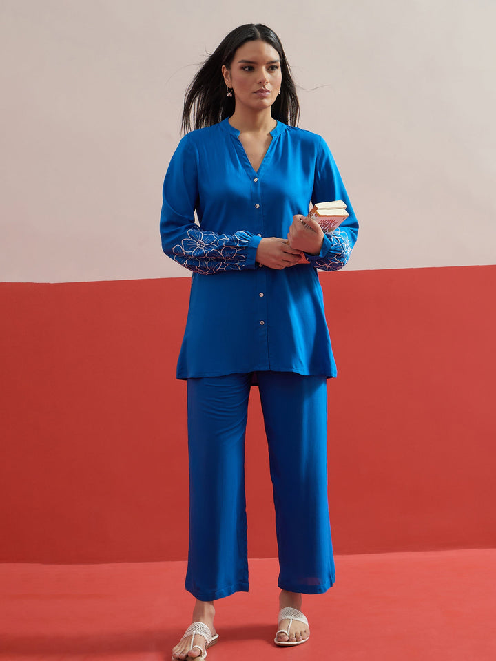 Women Cobalt Blue Sleeves Embroidered Shirt With Pants