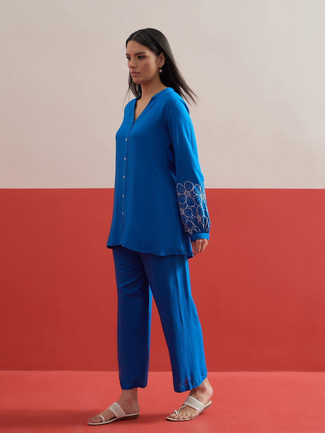 Women Cobalt Blue Sleeves Embroidered Shirt With Pants