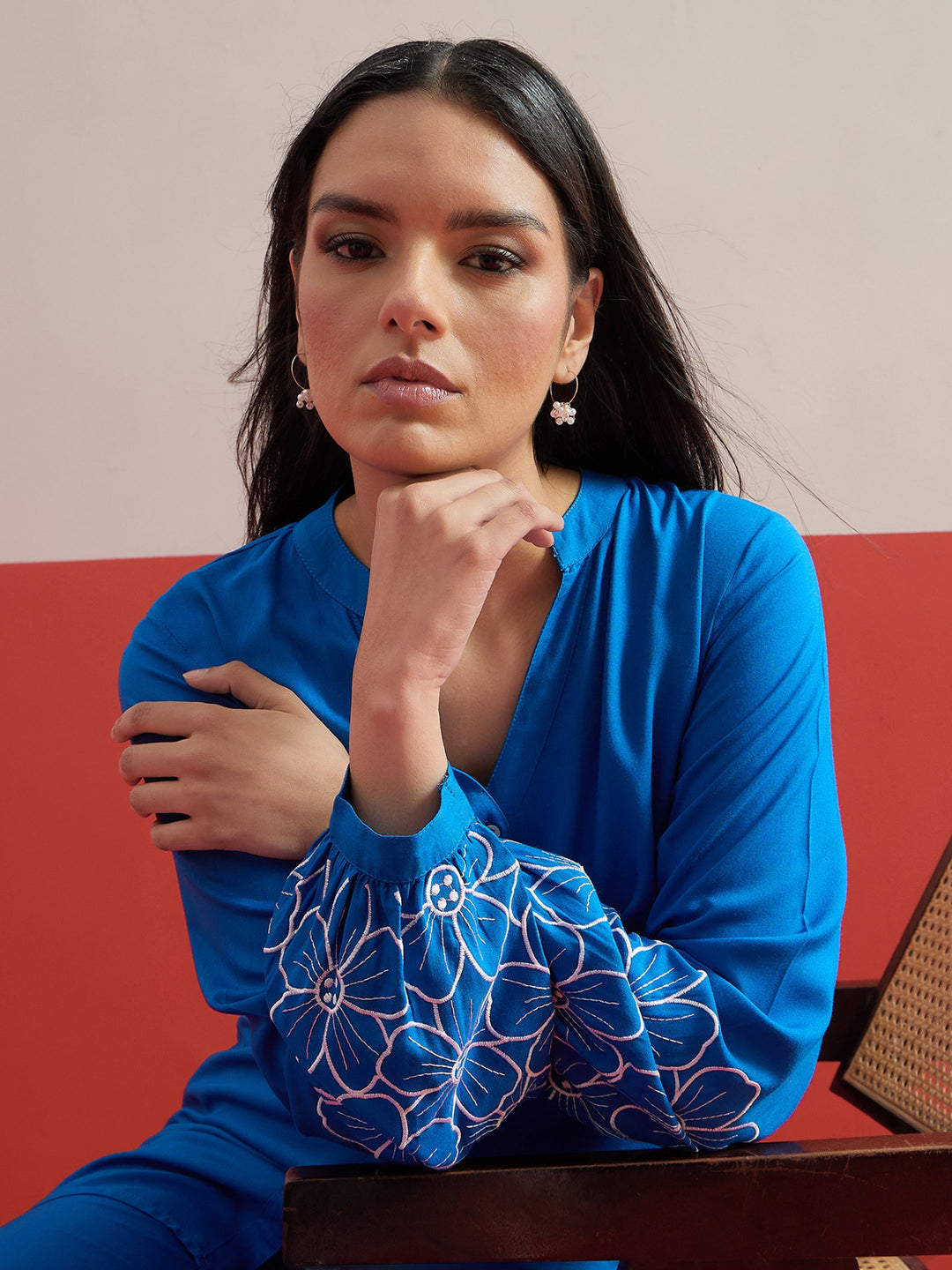 Women Cobalt Blue Sleeves Embroidered Shirt With Pants