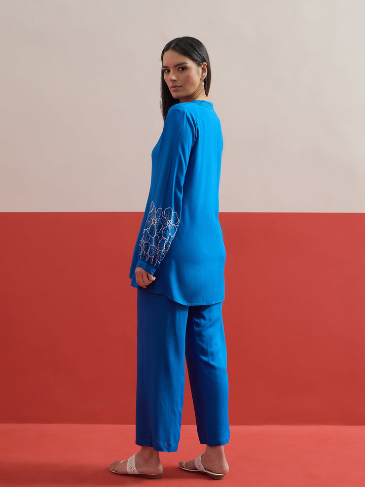 Women Cobalt Blue Sleeves Embroidered Shirt With Pants