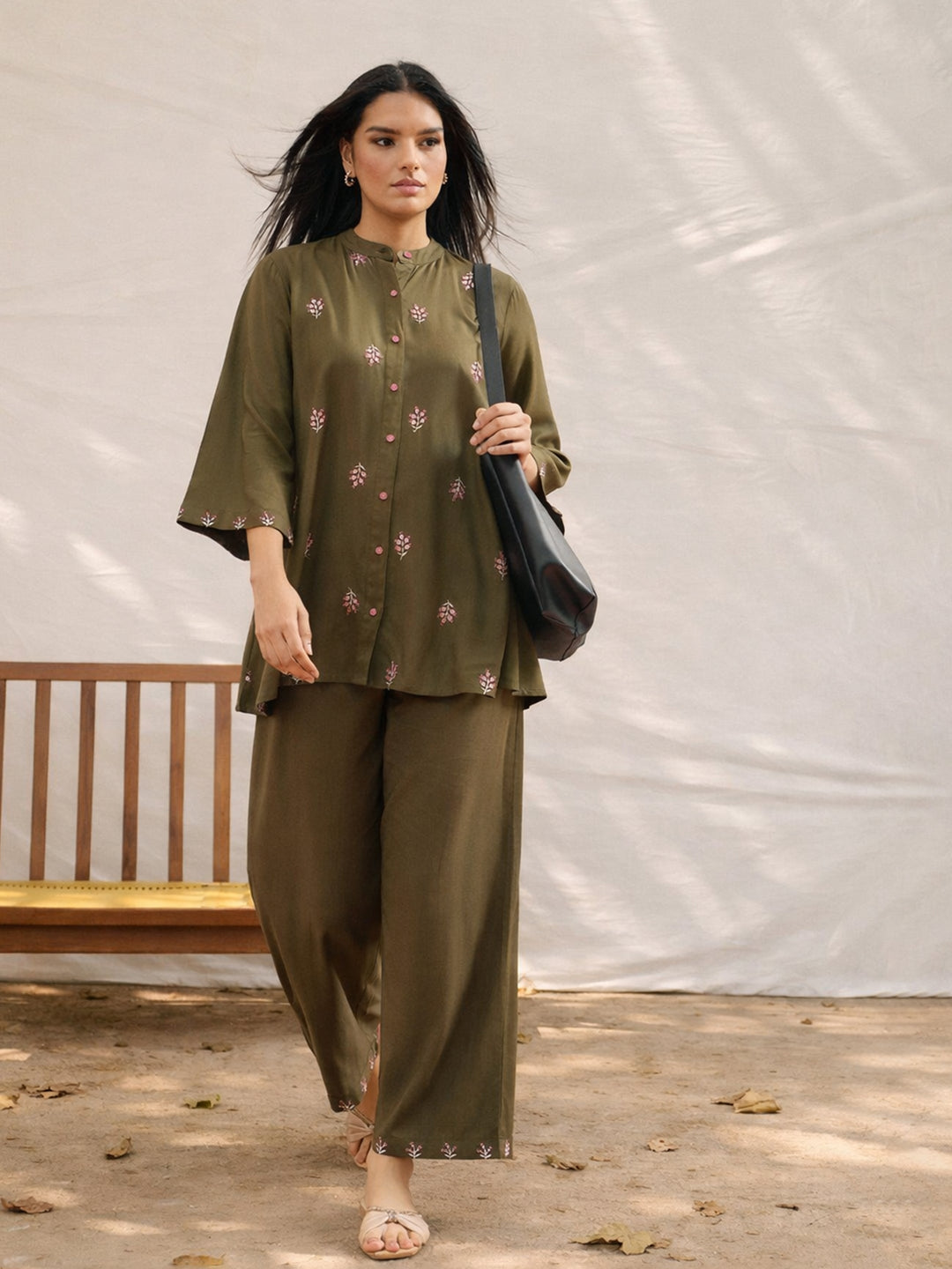 Women Olive All Over Embroidered Shirt With Palazzos