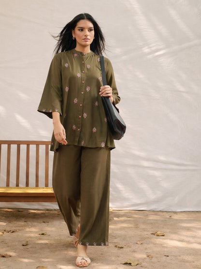 Women Olive All Over Embroidered Shirt With Palazzos
