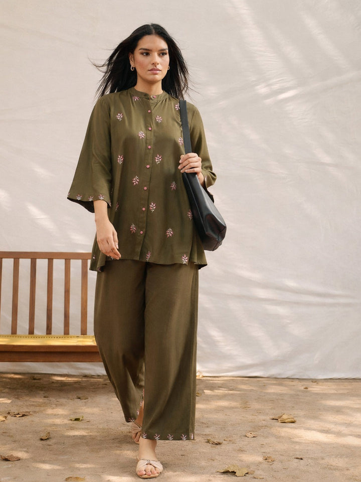 Women Olive All Over Embroidered Shirt With Palazzos