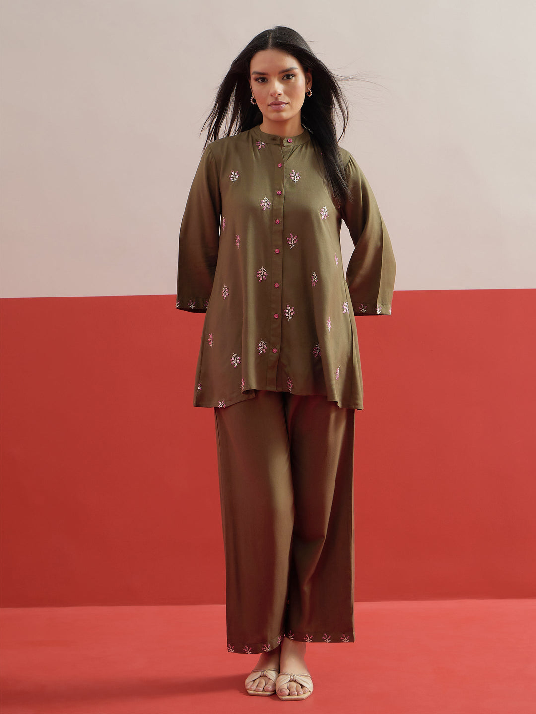 Women Olive All Over Embroidered Shirt With Palazzos