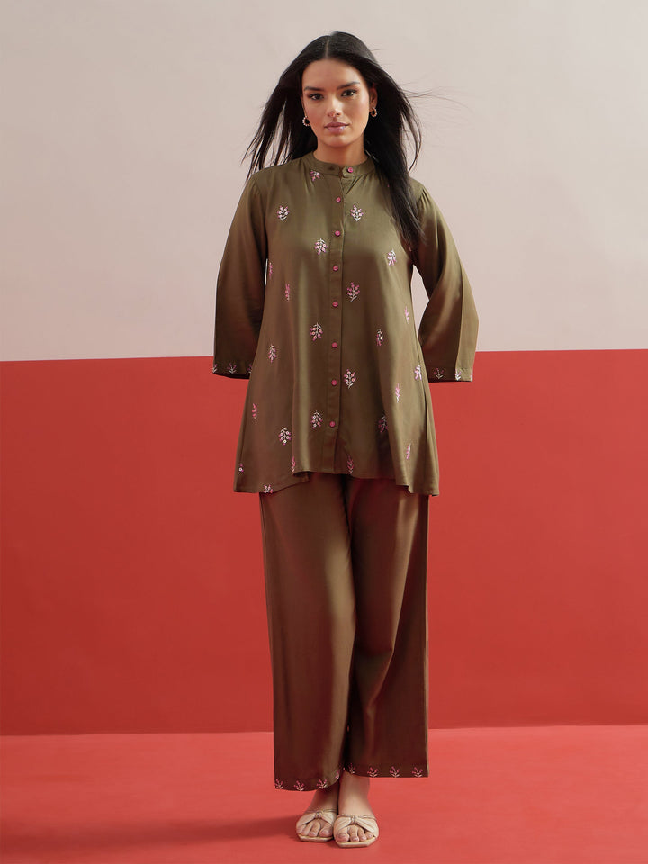 Women Olive All Over Embroidered Shirt With Palazzos