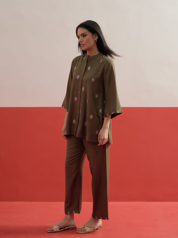 Women Olive All Over Embroidered Shirt With Palazzos
