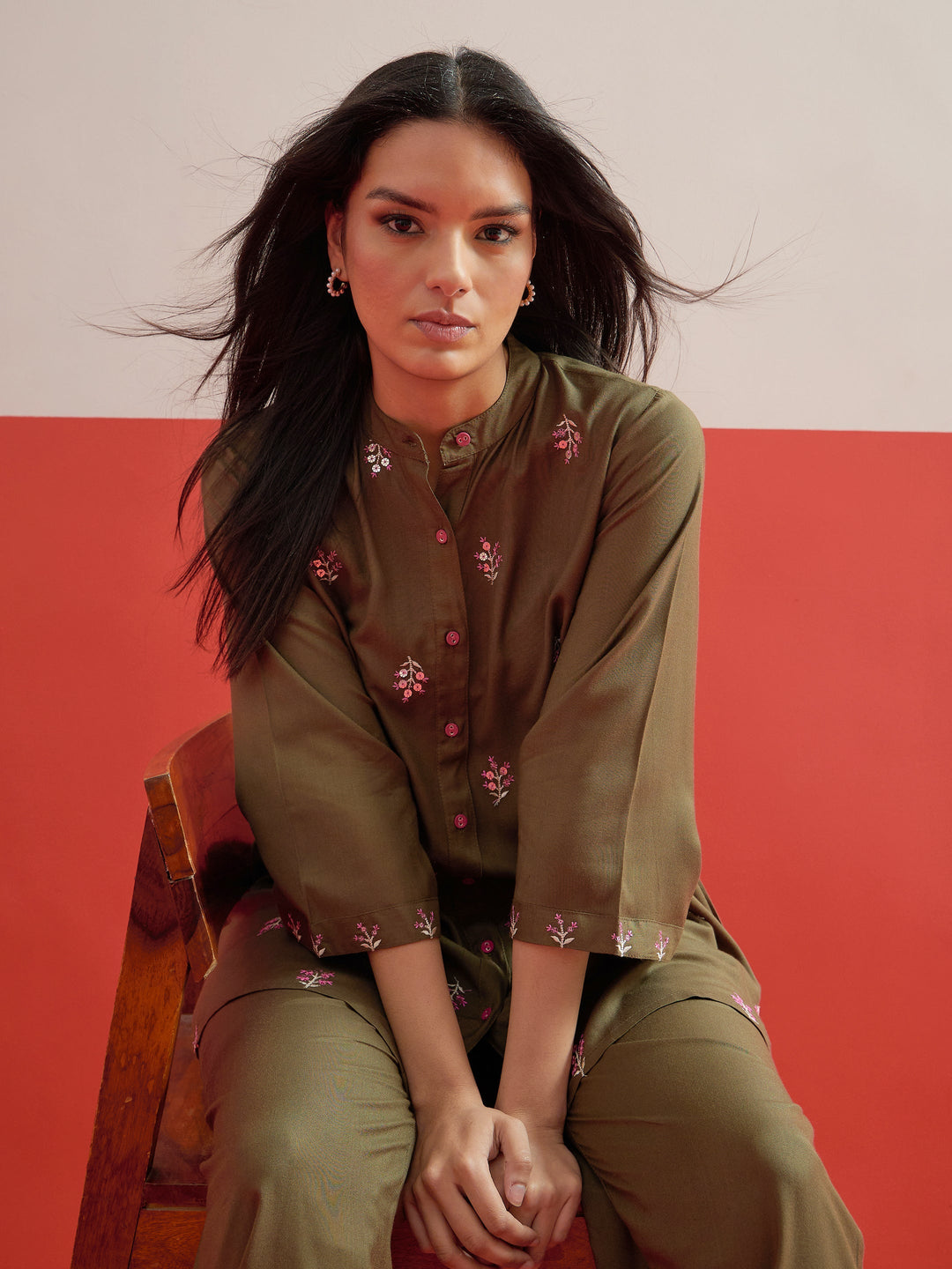 Women Olive All Over Embroidered Shirt With Palazzos