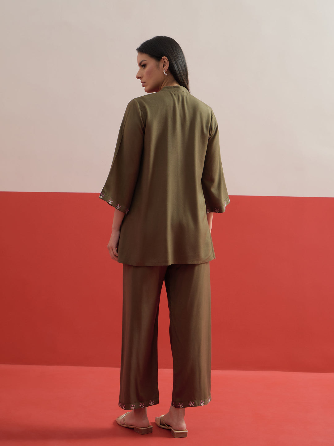 Women Olive All Over Embroidered Shirt With Palazzos