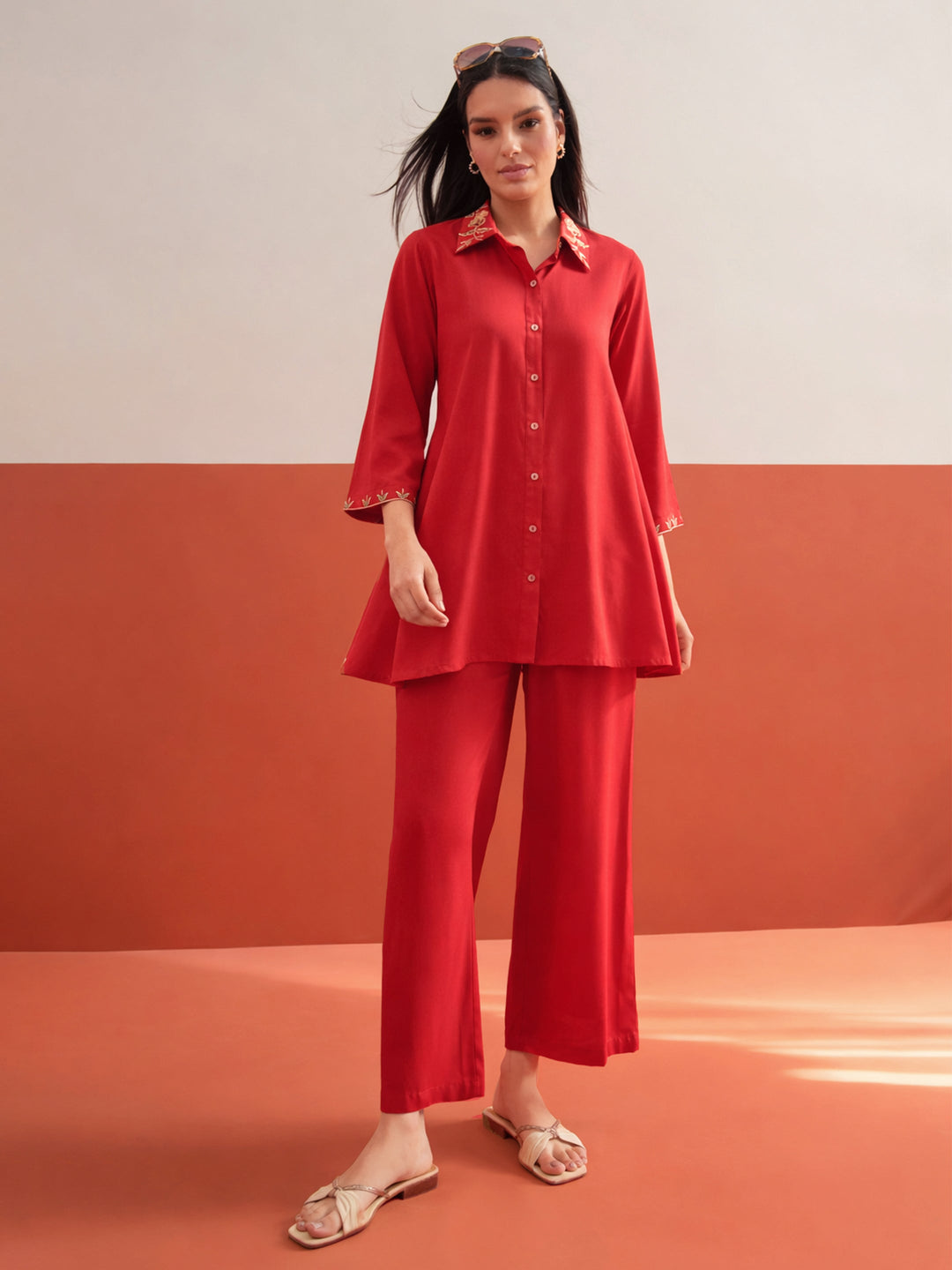 Women Red Zari Embroidered Shirt Collar Top With Palazzos