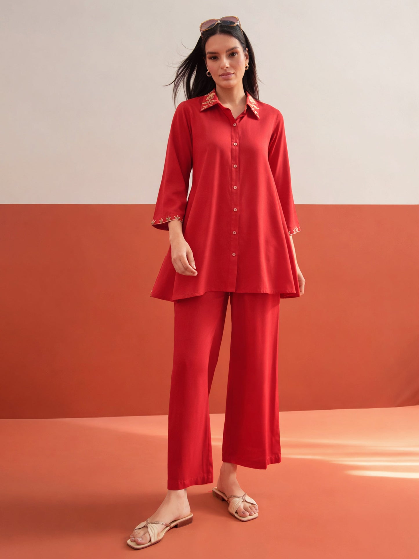 Women Red Zari Embroidered Shirt Collar Top With Palazzos