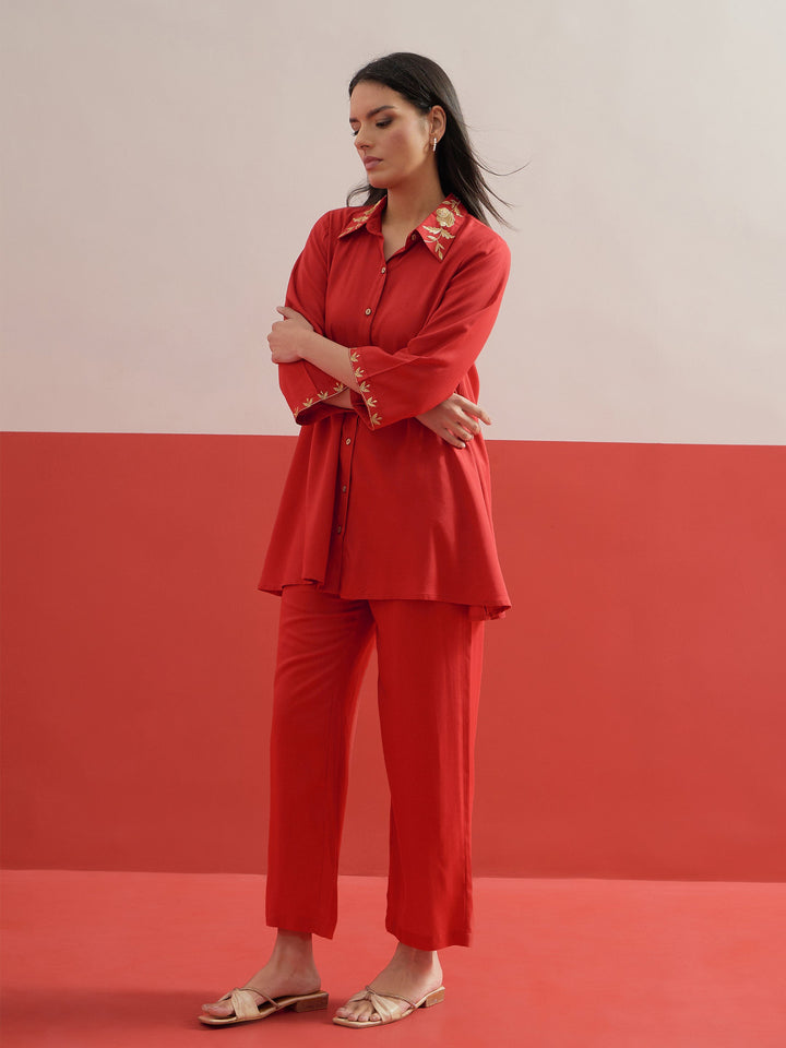 Women Red Zari Embroidered Shirt Collar Top With Palazzos