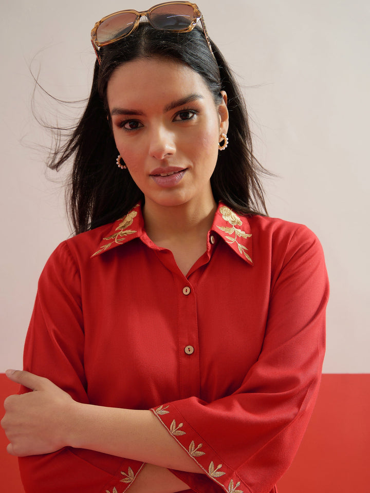 Women Red Zari Embroidered Shirt Collar Top With Palazzos