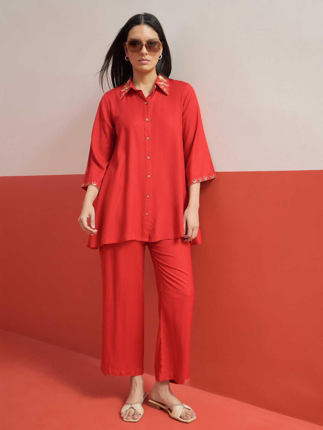 Women Red Zari Embroidered Shirt Collar Top With Palazzos