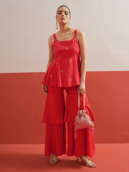 Women Red Embroidered Top With Layered Sharara Pants