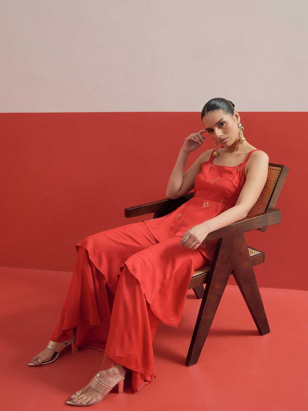 Women Red Embroidered Top With Layered Sharara Pants
