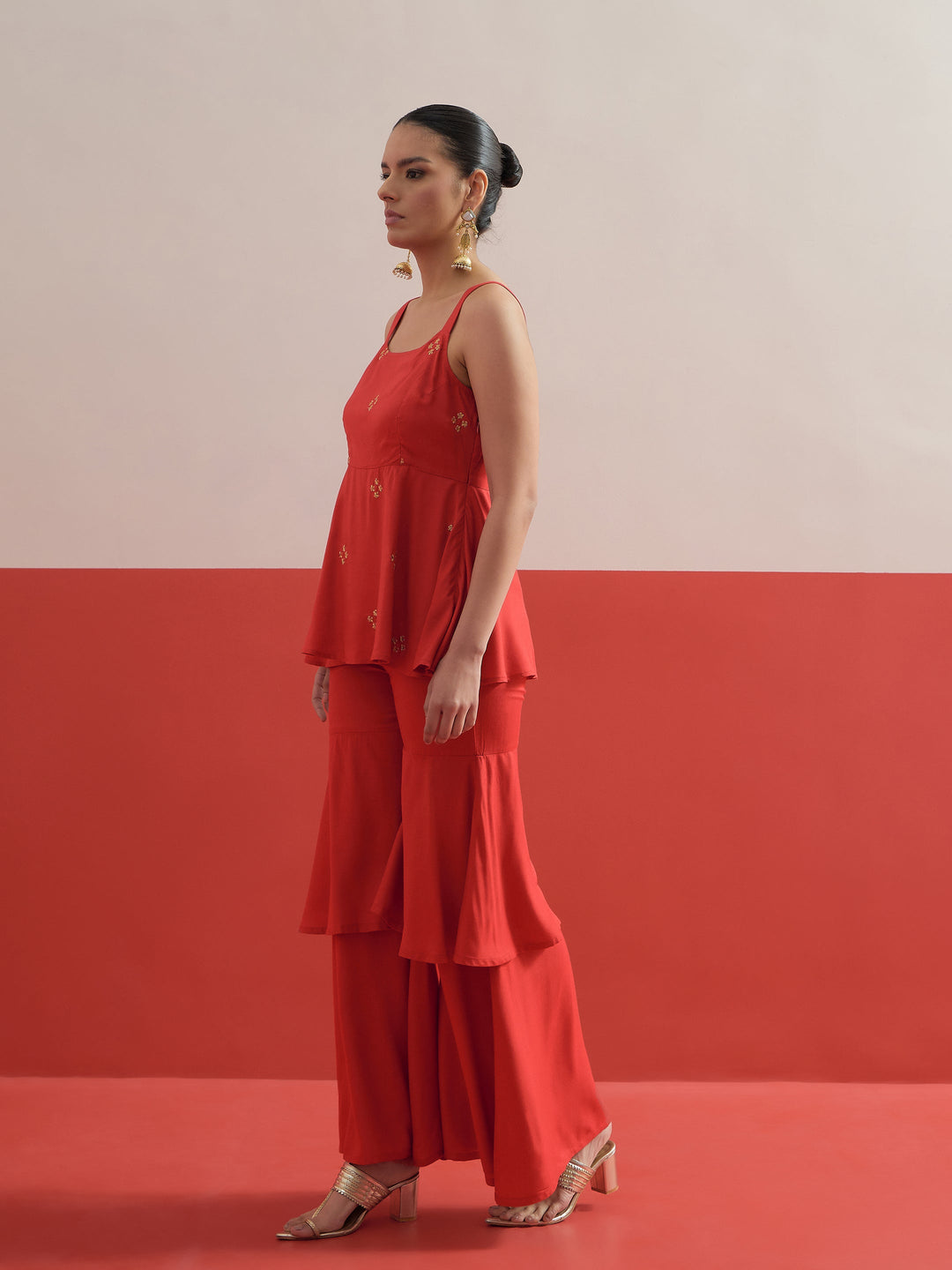 Women Red Embroidered Top With Layered Sharara Pants