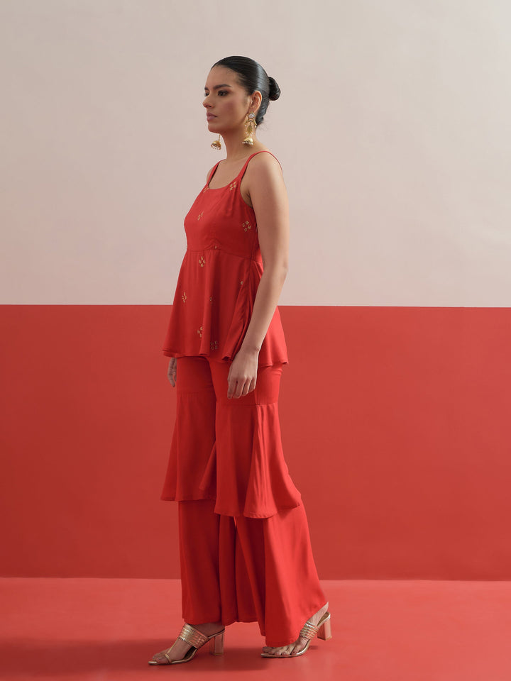 Women Red Embroidered Top With Layered Sharara Pants