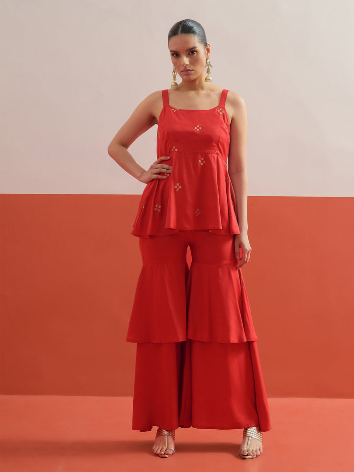 Women Red Embroidered Top With Layered Sharara Pants