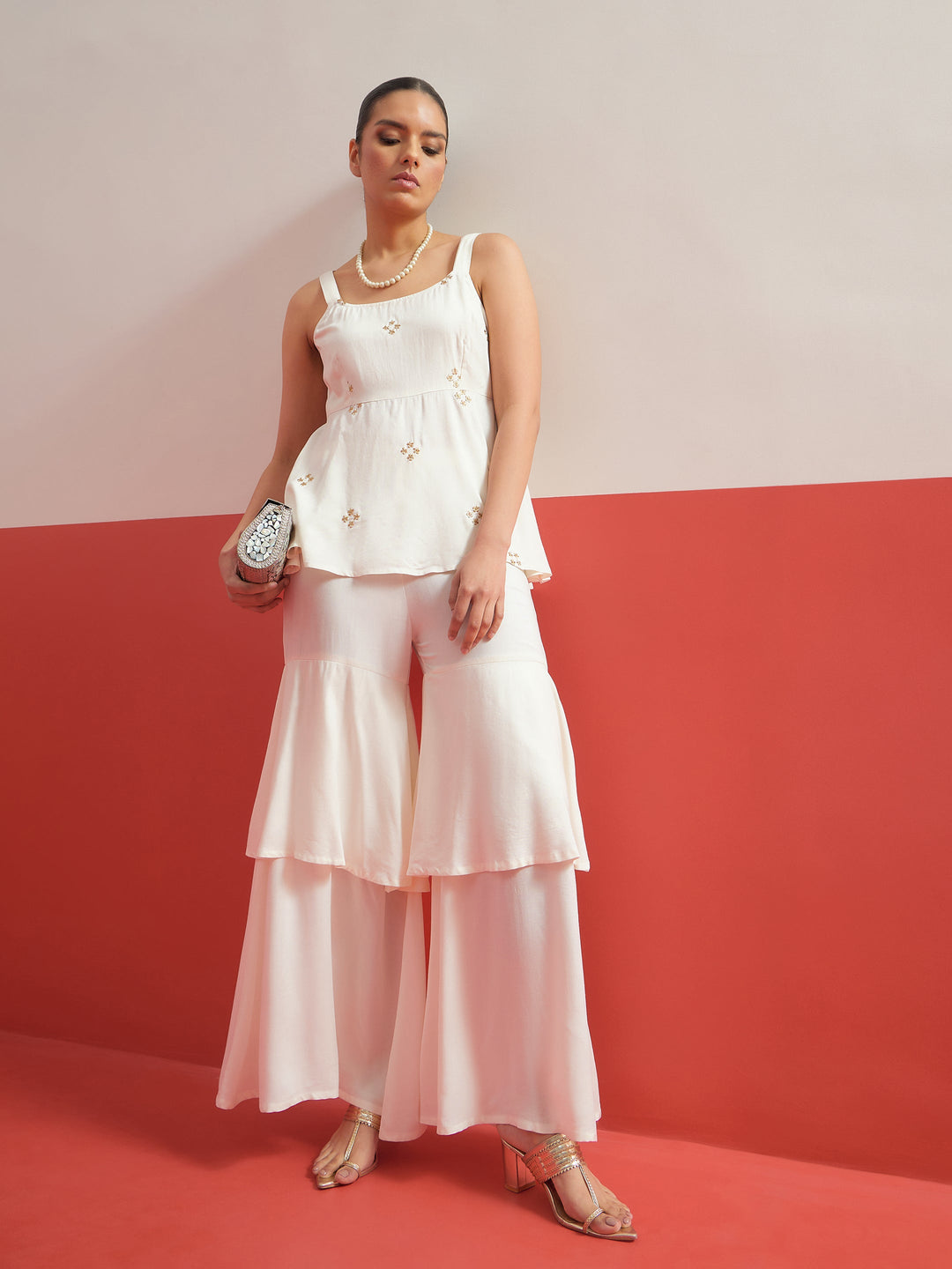 Women White Embroidered Top With Layered Sharara Pants