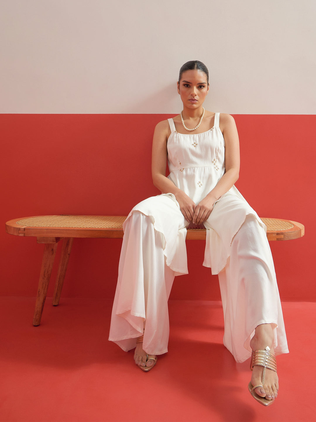 Women White Embroidered Top With Layered Sharara Pants