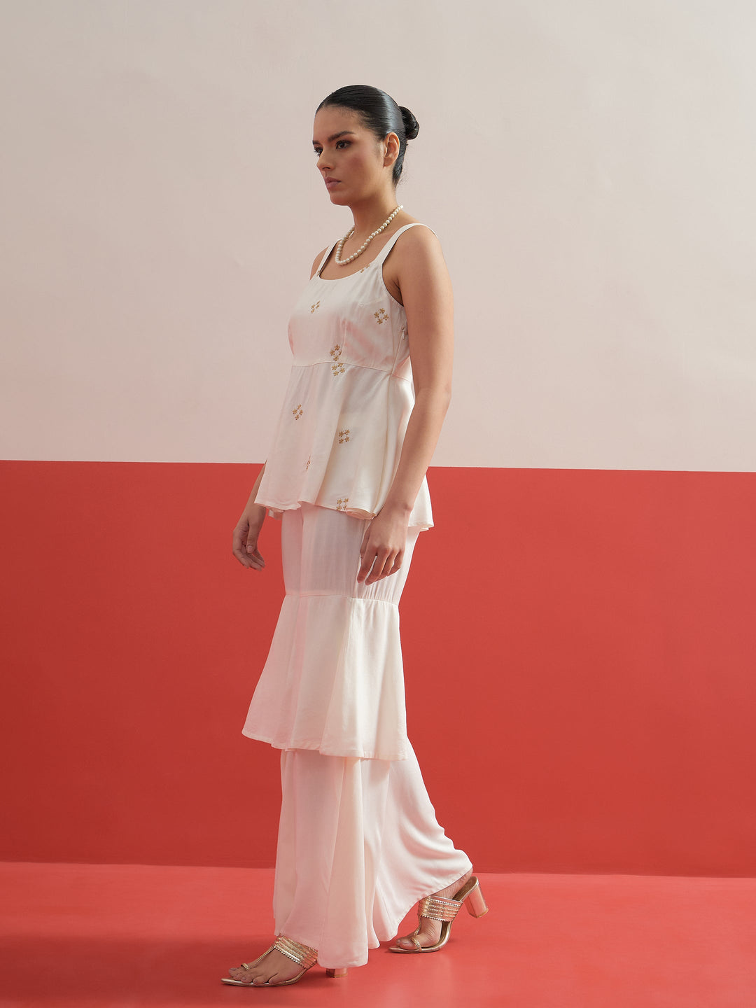 Women White Embroidered Top With Layered Sharara Pants