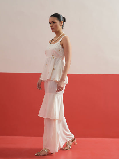 Women White Embroidered Top With Layered Sharara Pants