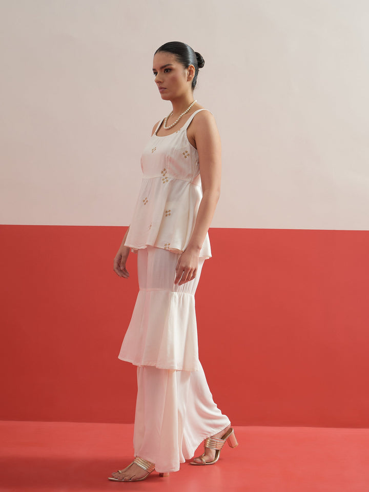 Women White Embroidered Top With Layered Sharara Pants